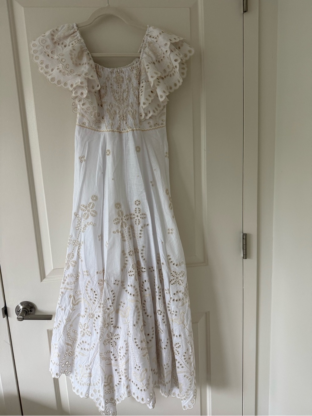 Charo Ruiz White Maxi Dress with Cream Embroidery on Sale!